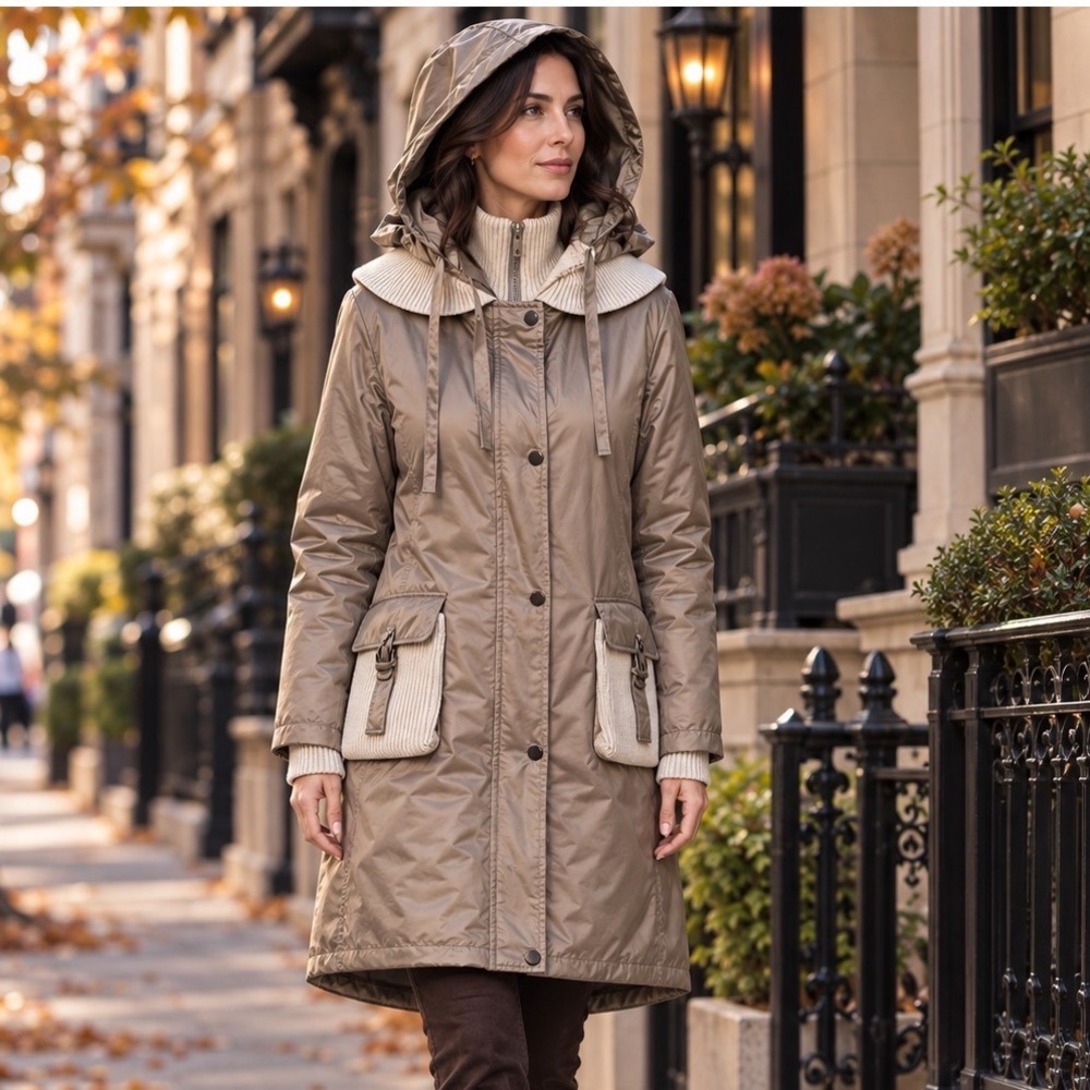 VOA Puffer Coat Silky Taupe Convertible Roll Tie Hood Rib Knit Asian Designer S